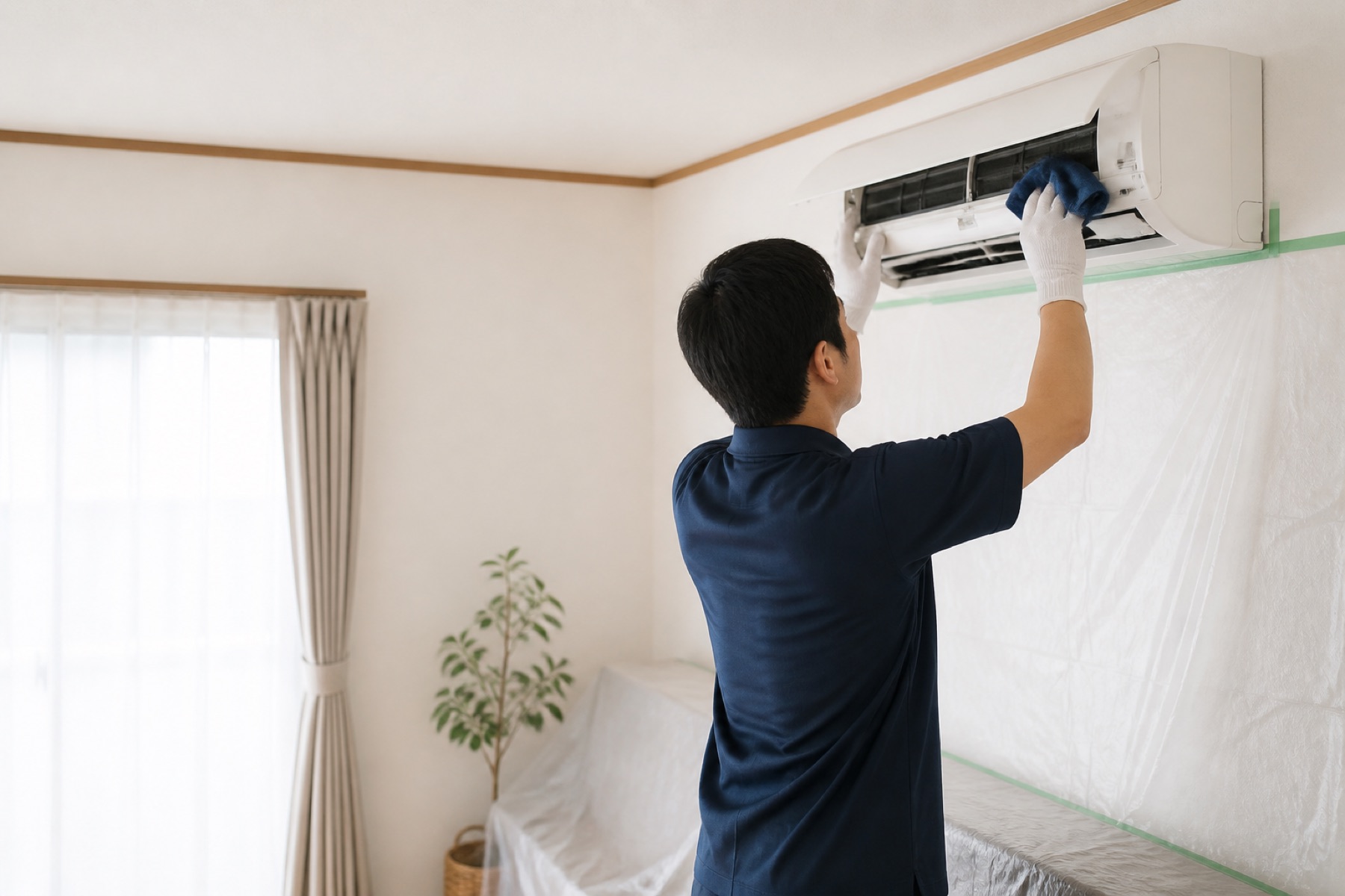 壁掛けエアコンの周囲を養生して清掃する作業イメージ